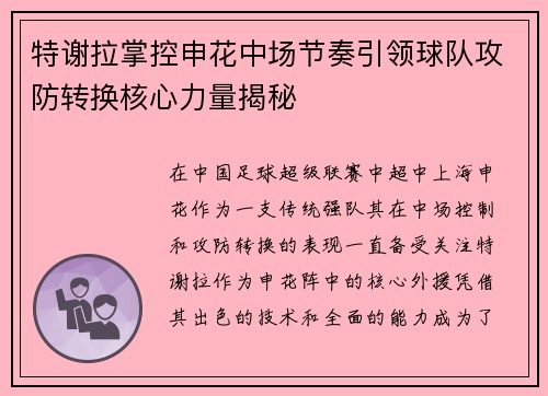 特谢拉掌控申花中场节奏引领球队攻防转换核心力量揭秘